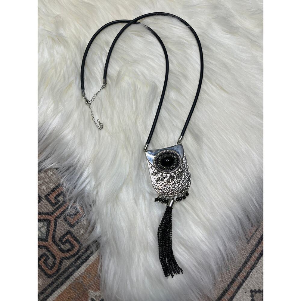 Silver & Black Beaded Tassel Boho Western Long Necklace